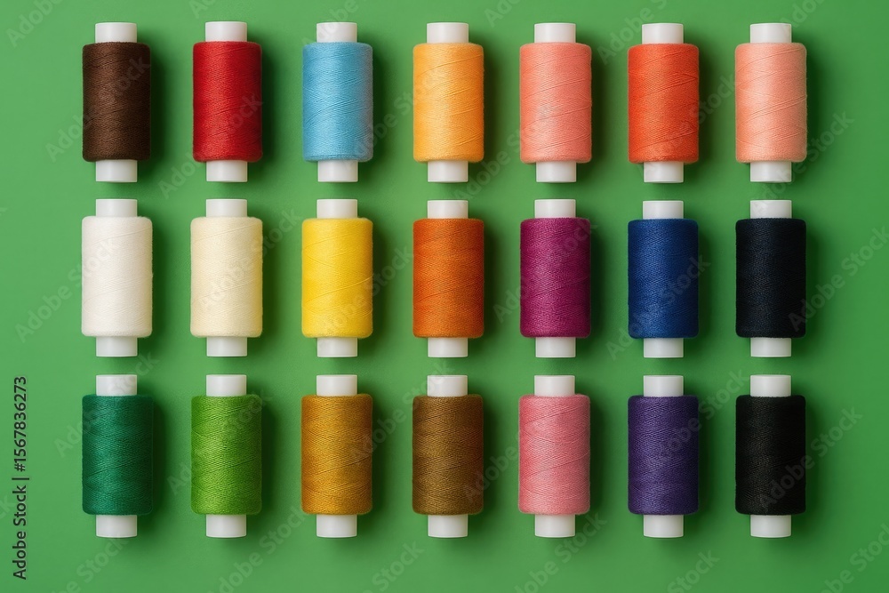Poster various types of sewing threads displayed on a green background