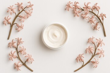 Flat lay of skin moisturizer can alongside dried hyacinth sprigs, top-down perspective