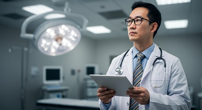 Focused Asian Doctor Holding Tablet in Modern Operating Room - Powered by Adobe