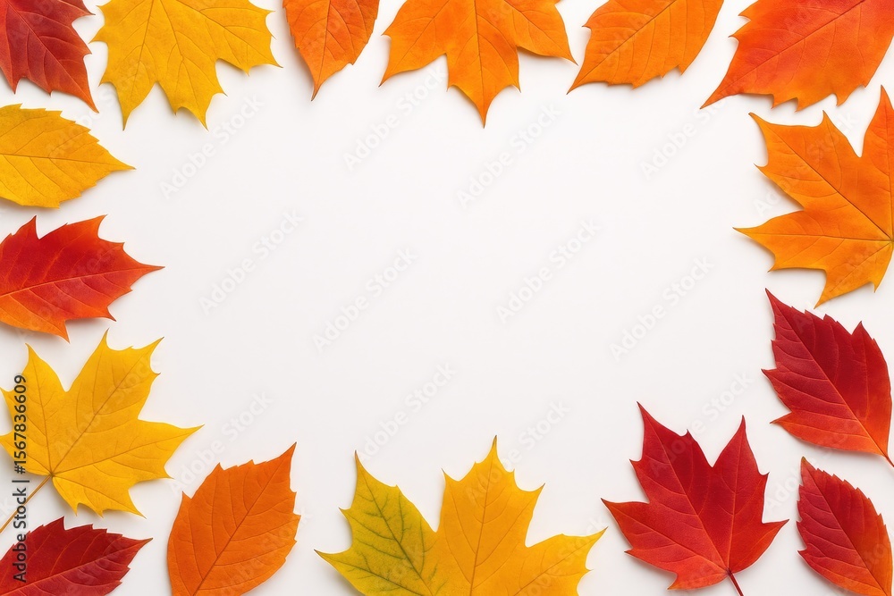 Poster vibrant fall foliage frame with white background from a top perspective and space for text