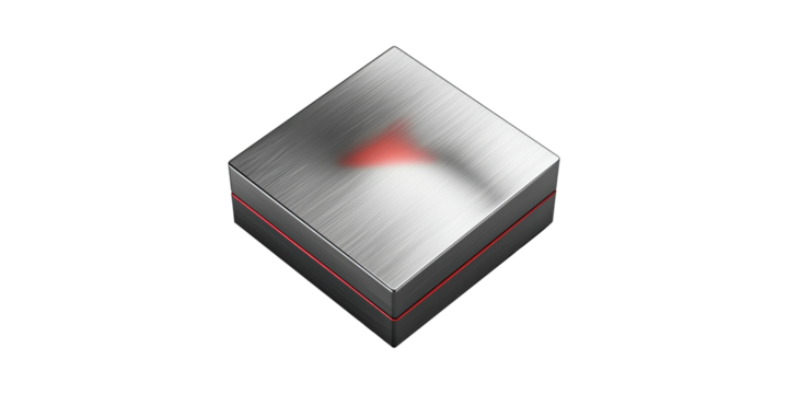 Metallic Box With Red Triangle Symbol Top. Modern Design And Industrial Aesthetics Isolated On Transparent Background