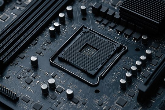 Detailed close-up of a computer motherboard showcasing intricate circuitry