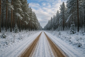 Fototapeta premium Snow-covered rural dirt pathway during winter