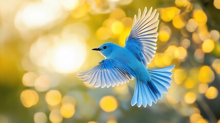 Obraz premium Vibrant blue bird in flight against a sunlit bokeh background