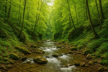 Obraz premium A tranquil stream winds through vibrant springtime woodland canyons