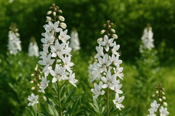 Fototapeta premium White-flowered Dictamnus albus 'Albiflorus' amidst lush foliage