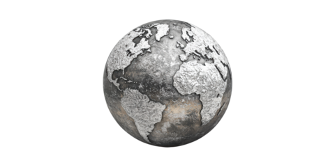 Silver Metallic Globe With Textured Continents. Globalization And Modern Design Concept Isolated On Transparent Background