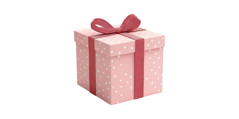 Pink Polka Dot Gift Box With Red Ribbon. Celebration And Festive Packaging Concept Isolated On Transparent Background