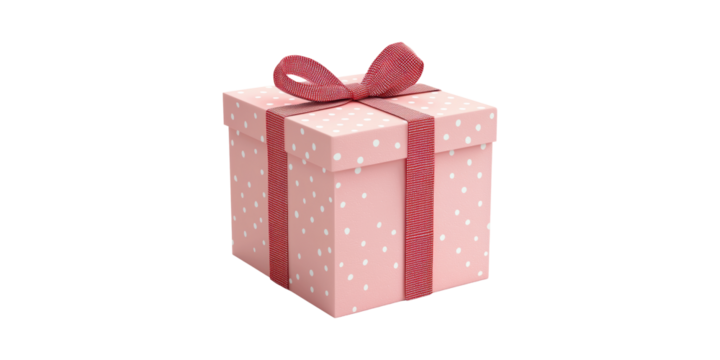 Pink Polka Dot Gift Box With Red Ribbon. Celebration And Festive Packaging Concept Isolated On Transparent Background