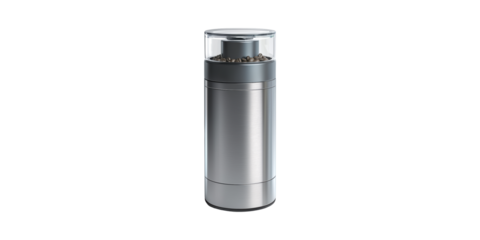 Stainless Steel Coffee Grinder With Lid. Modern Kitchen Appliance For Fresh Coffee Isolated On Transparent Background
