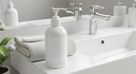 Clean Modern Bathroom Countertop with White Soap Dispenser, Faucet, and Fresh Towels