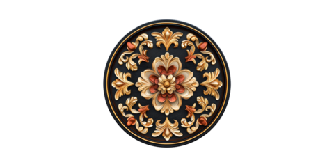 Ornate Circular Floral Design With Gold And Red Accents. Decorative Art For Interior Design Isolated On Transparent Background
