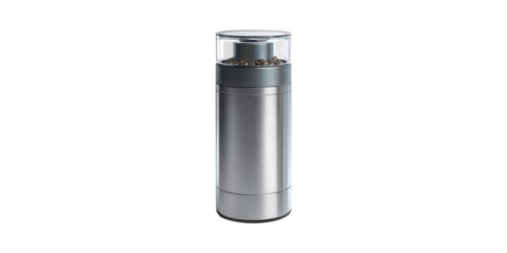 Stainless Steel Coffee Grinder With Lid. Modern Kitchen Appliance For Fresh Coffee Isolated On Transparent Background