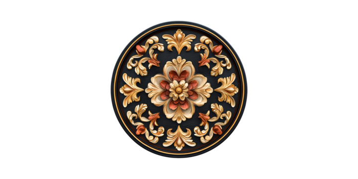 Ornate Circular Floral Design With Gold And Red Accents. Decorative Art For Interior Design Isolated On Transparent Background