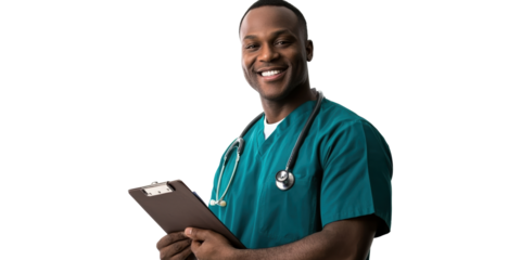 Smiling Male Healthcare Professional With Stethoscope And Clipboard. Medical Expertise And Patient Care Isolated On Transparent Background