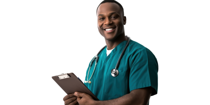 Smiling Male Healthcare Professional With Stethoscope And Clipboard. Medical Expertise And Patient Care Isolated On Transparent Background