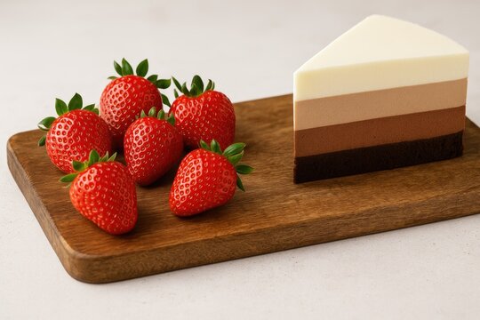 Juicy organic strawberries displayed on a rustic wooden surface alongside a decadent triple chocolate mousse cake. Culinary art and food presentation. Still life composition.