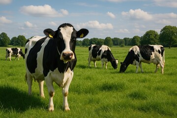 Landscape of grazing cattle in a grassy field with dairy farming elements