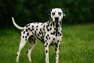 A spotted canine standing on the grassy field