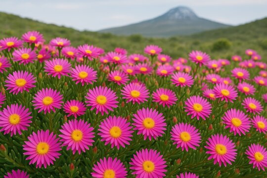 Vibrant pink and yellow vygie wildflowers blooming in a scenic landscape