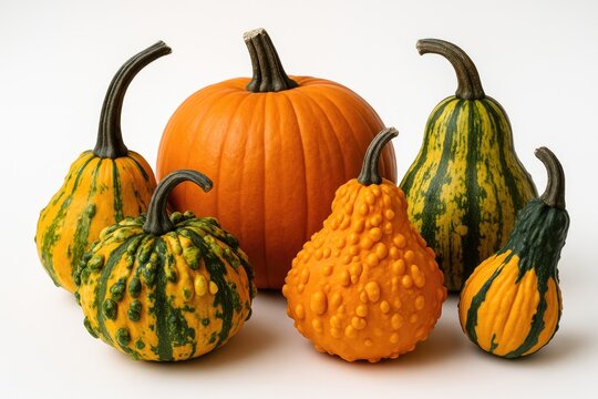 Detailed shot of vibrant autumn gourds for festive decoration against a plain white backdrop