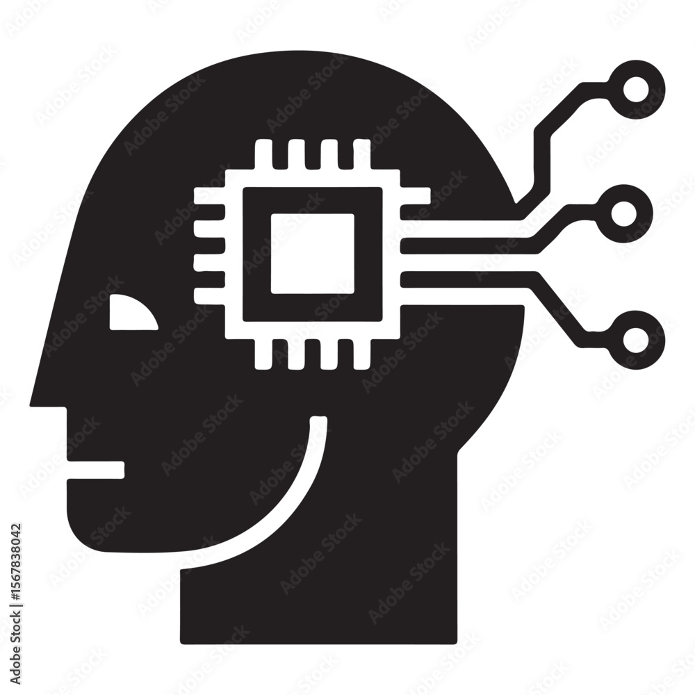 Poster abstract silhouette of a human head with a glowing microchip and circuitry inside representing artif