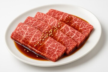 Detailed view of thinly sliced premium beef with dipping sauce for grilled barbecue