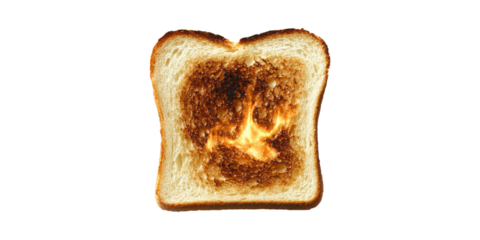 Slice Of Toasted Bread With Burnt Center. Culinary Mishap And Overcooking Concept Isolated On Transparent Background