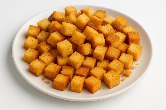 Golden-brown crunchy bread pieces arranged on a dish, prepared for culinary use.