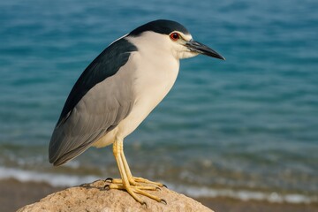 Detailed view of a black-crowned night heron resting on a rocky surface