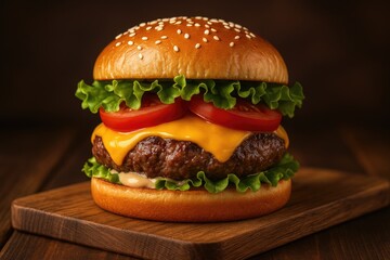 Gourmet beef sandwich topped with cheese, fresh greens, and sauce served on a rustic wooden platter, Fast food idea.