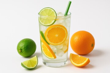Icy citrus beverage served in a glass on a plain white backdrop