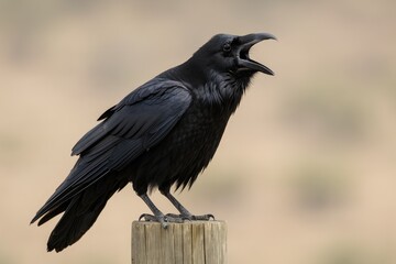 Naklejka premium A common raven (corvus corax) sitting on a wooden post with its beak open wide