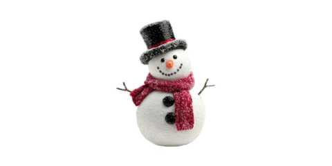 Snowman With Top Hat And Scarf. Festive Winter Holiday Decoration Isolated On Transparent Background
