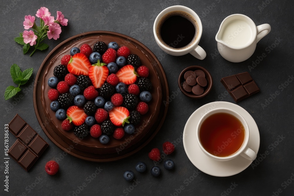 Poster fruity chocolate dessert displayed on a stone surface with a top-down perspective and ample space fo