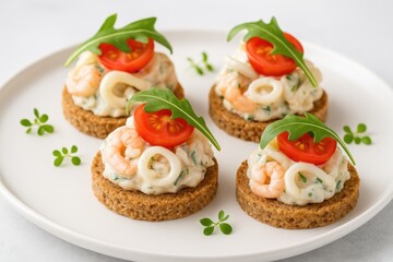 Elegant seafood appetizer served on toasted wholegrain bread slices