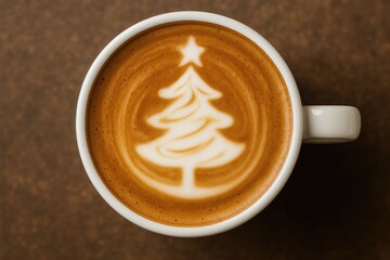 Festive holiday design on a coffee cup featuring latte art with a Christmas tree