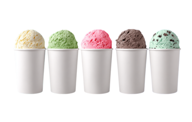 colorful scoops of ice cream in white cups isolated on transparent background