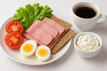Morning meal with ham, fresh tomatoes, boiled egg, crunchy bread, creamy cheese, mixed greens, coffee, and delicious flavors