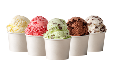 colorful scoops of ice cream in white cups isolated on transparent background