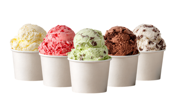 colorful scoops of ice cream in white cups isolated on transparent background - Powered by Adobe