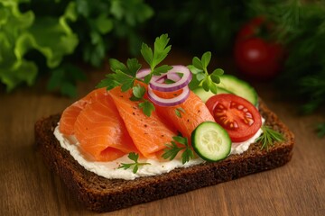 Traditional Nordic open-faced sandwich featuring smoked fish, fresh vegetables, and herbs on dark bread