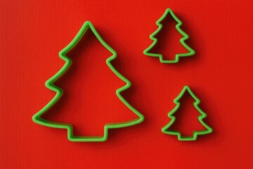 Fototapeta premium Holiday-themed cookie cutters arranged on a vibrant red baking surface with a green plastic Christmas tree decoration seen from above.