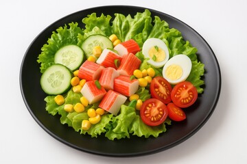 Fresh seafood salad with vegetables and eggs served on a dark plate