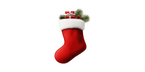 Red Christmas Stocking With Gift And Pine Decorations. Festive Holiday Symbol Isolated On Transparent Background