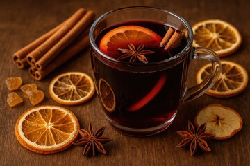 Warm holiday beverage with spices and dried fruits
