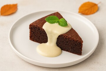 Decadent chocolate brownie layered with creamy vanilla sauce - a delightful treat