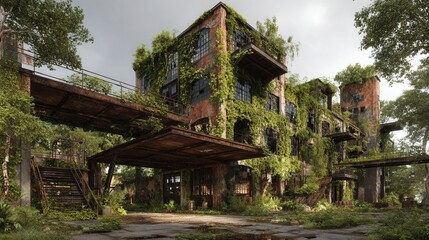 Abandoned Industrial Building Covered in Greenery and Nature's Growth