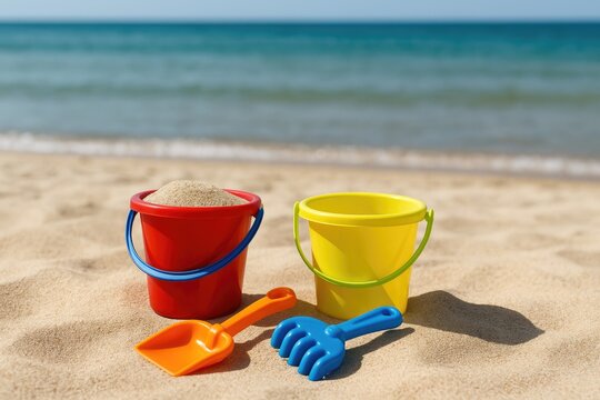 Kids' seaside play set including buckets, spade, and shovel on a sunny beach
