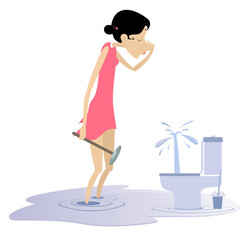 Woman clears a clogged toilet boul. Young man with a plunger in his hand tries to clear a blockage in a toilet and plugs his nose to avoid smelling the unpleasant smell